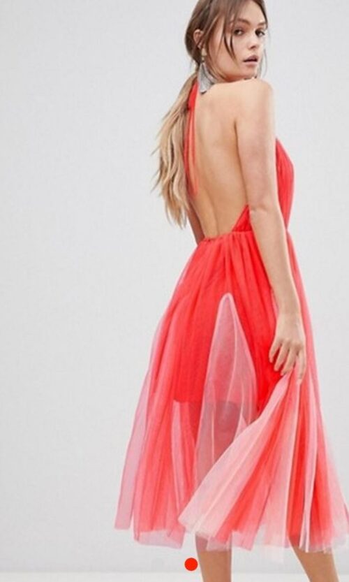 Coral Veil — Tulle Midi Dress